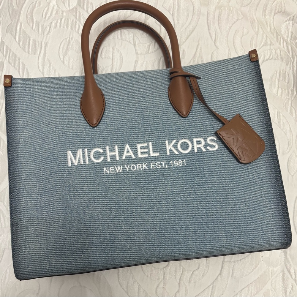 NWT Michael Kors Mirella Denim Blue Tote with Tan Leather Accents - Picture 6 of 11